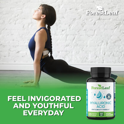 ForestLeaf Hyaluronic Acid Supplements | 100mg High Bioavailable Dietary Hyaluronic Acid Powder Capsules + 50mg VIT C | Supports Skin Hydration, Joint Lubrication, Anti-Aging, Hair & Nails | 120 Caps