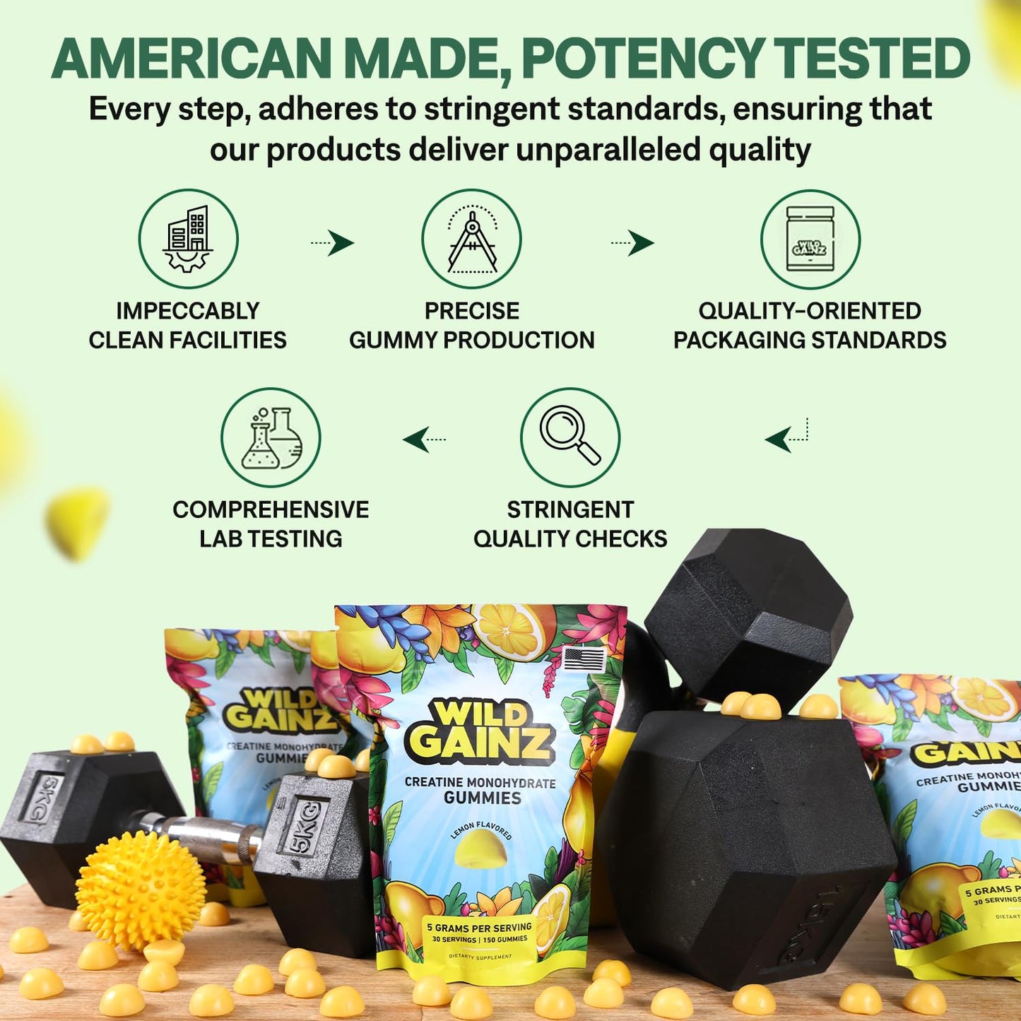 WILD GAINZ Creatine Monohydrate Gummies 5g - Made in USA - Pre Workout Creatine Chews for Women & Men, Vegan Creatine Gummy Candy, Chewable Nutritional Supplements, NSF Certified (Lemon, 150 Count)