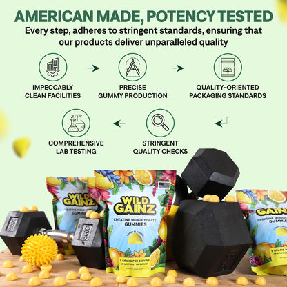 WILD GAINZ Creatine Monohydrate Gummies 5g - Made in USA - Pre Workout Creatine Chews for Women & Men, Vegan Creatine Gummy Candy, Chewable Nutritional Supplements, NSF Certified (Lemon, 150 Count)
