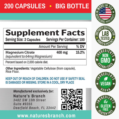 Magnesium Citrate 400mg - 200 Capsules - High Potency for Sleep, Leg Cramps, Extra Strength Absorption, Easy to Swallow Pills for Women & Men, Vegan Supplement Not Tablets - Made in USA