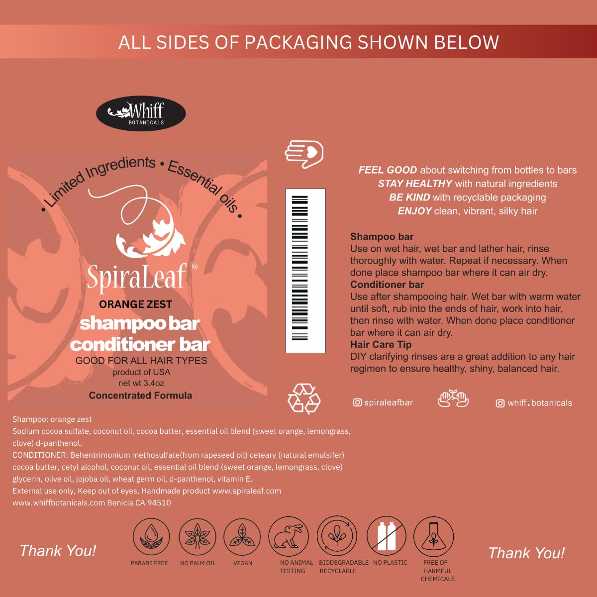 SPIRALEAF Solid Shampoo Bar & Conditioner Bar Set, ORANGE ZEST Limited Ingredients, Concentrated Formula, Fragrance-Free, Dye-Free, Premium Hair Care and Shave Bars