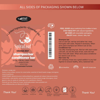 SPIRALEAF Solid Shampoo Bar & Conditioner Bar Set, ORANGE ZEST Limited Ingredients, Concentrated Formula, Fragrance-Free, Dye-Free, Premium Hair Care and Shave Bars