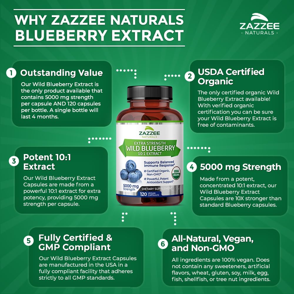 Zazzee USDA Organic Wild Blueberry 10:1 Extract, 5000 mg Strength, 120 Vegan Capsules, 4 Month Supply, Concentrated and Standardized 10X Whole Fruit Extract, 100% Vegetarian, All-Natural and Non-GMO