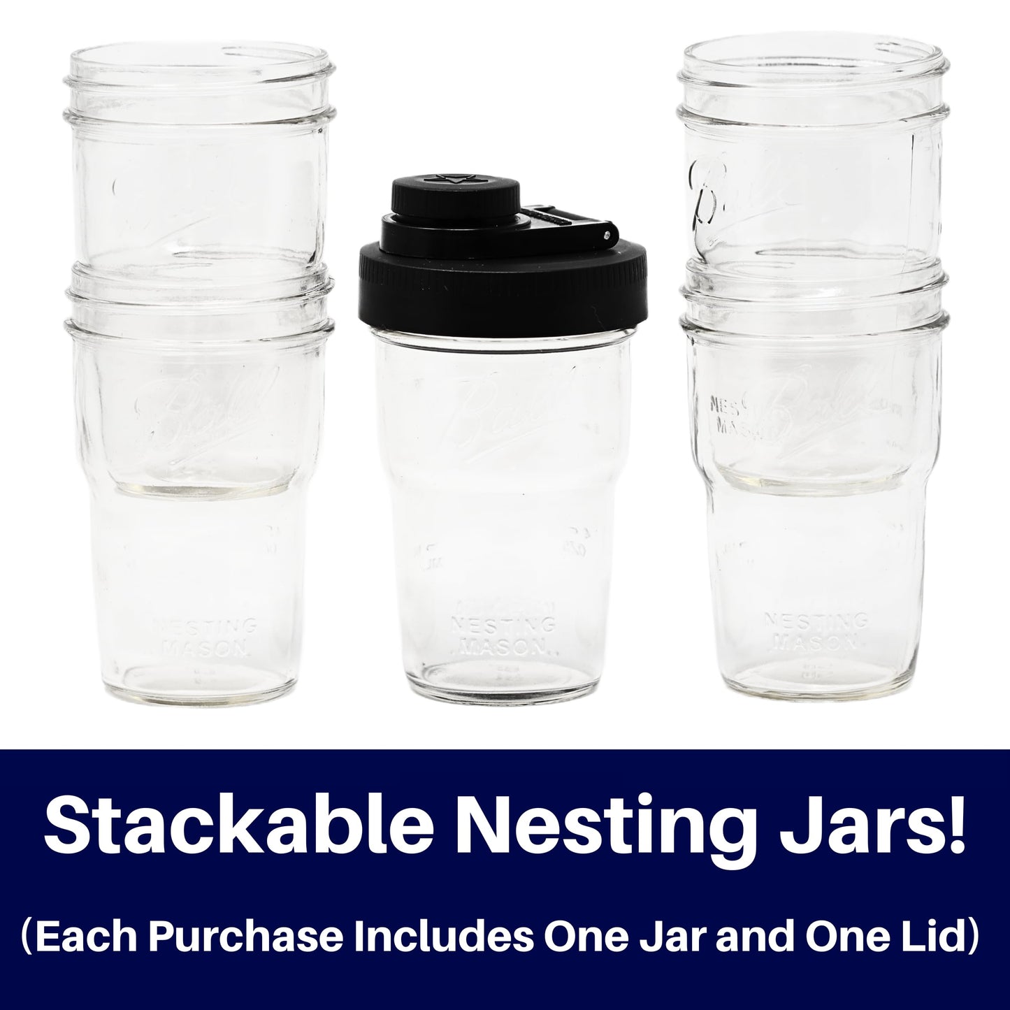Brewing America Nesting Jar with Drinking Lid as Travel Cup, 1 Pint (16 oz) with Black Pouring Lid on Wide Mouth Ball Nesting Mason Jar, USA-Made To Go Drink Cup, 1-Pack