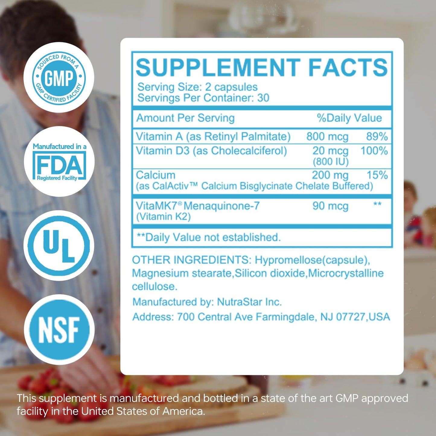 HUJ ADK Supplement, 60 Capsules, Calcium, Vitamins A, D3, K2 (MK-7)