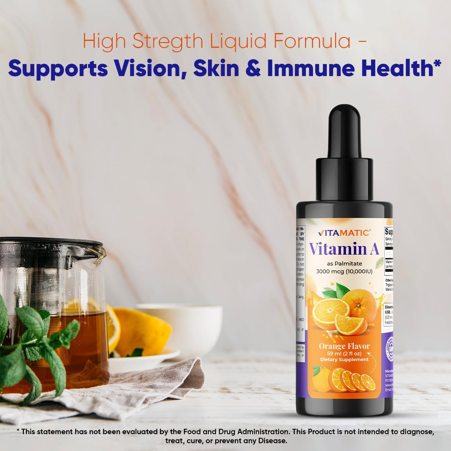 Vitamatic Sugar Free Vitamin A Liquid Drops 10000 IU (3000 mcg) as Retinyl Palmitate - Approximate 4 Months Supply - Immune Support, Eye Health, Skin Health - 2 FL OZ (59 ml)