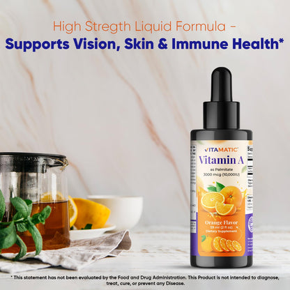 Vitamatic Sugar Free Vitamin A Liquid Drops 10000 IU (3000 mcg) as Retinyl Palmitate - Approximate 4 Months Supply - Immune Support, Eye Health, Skin Health - 2 FL OZ (59 ml)