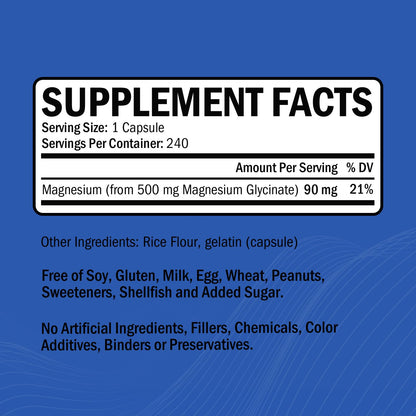 Magnesium Glycinate - High Absorption Magnesium Supplement 500mg Per Serving for Stress Relief, Sleep, Heart and Bone Health, Nerve Support - Non-GMO, Gluten-Free, Gentle on Stomach, 240 Capsules