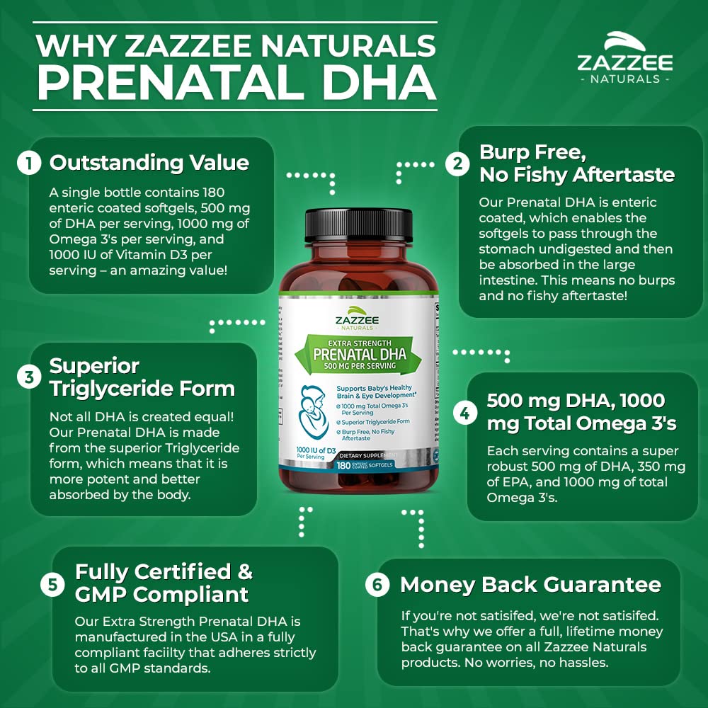 Zazzee Extra Strength Prenatal DHA 500 mg, 180 Enteric Coated Softgels, 1000 mg Omega 3’s, 1000 UI Vitamin D3, Burp Free, No Fishy Aftertaste, Superior Triglyceride Form, Purified Deep Sea Fish Oil