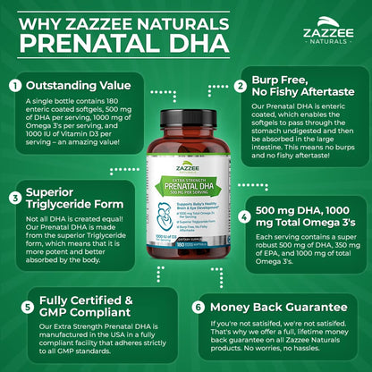 Zazzee Extra Strength Prenatal DHA 500 mg, 180 Enteric Coated Softgels, 1000 mg Omega 3’s, 1000 UI Vitamin D3, Burp Free, No Fishy Aftertaste, Superior Triglyceride Form, Purified Deep Sea Fish Oil