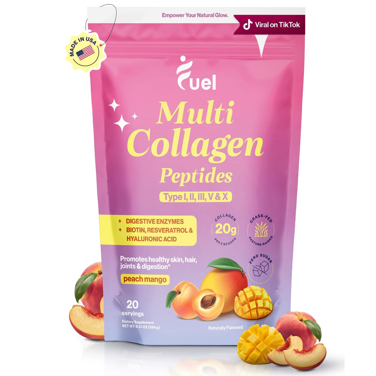 Fuel Multi Collagen Peptides Powder – 20g Hydrolyzed Collagen I, II, III, V & X for Hair, Skin, Nails & Joint Support – Better Absorption – Keto & Gluten Free, Peach Mango, 9.31oz