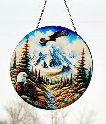 d'ears - Eagle Mountains - Acrylic Suncatcher with Chain - 6 Inch Diameter - Colorful - Nature - Birds of Prey - Window Art - Made in The USA