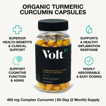 Volt03 Organic Turmeric Curcumin Capsules, 400mg Complex Curcurmin - Pharmaceutical-Grade Curcumin Supplement for Joint Health, Immune Support, & Healthy Inflammation Response, 60-day (2 month) supply