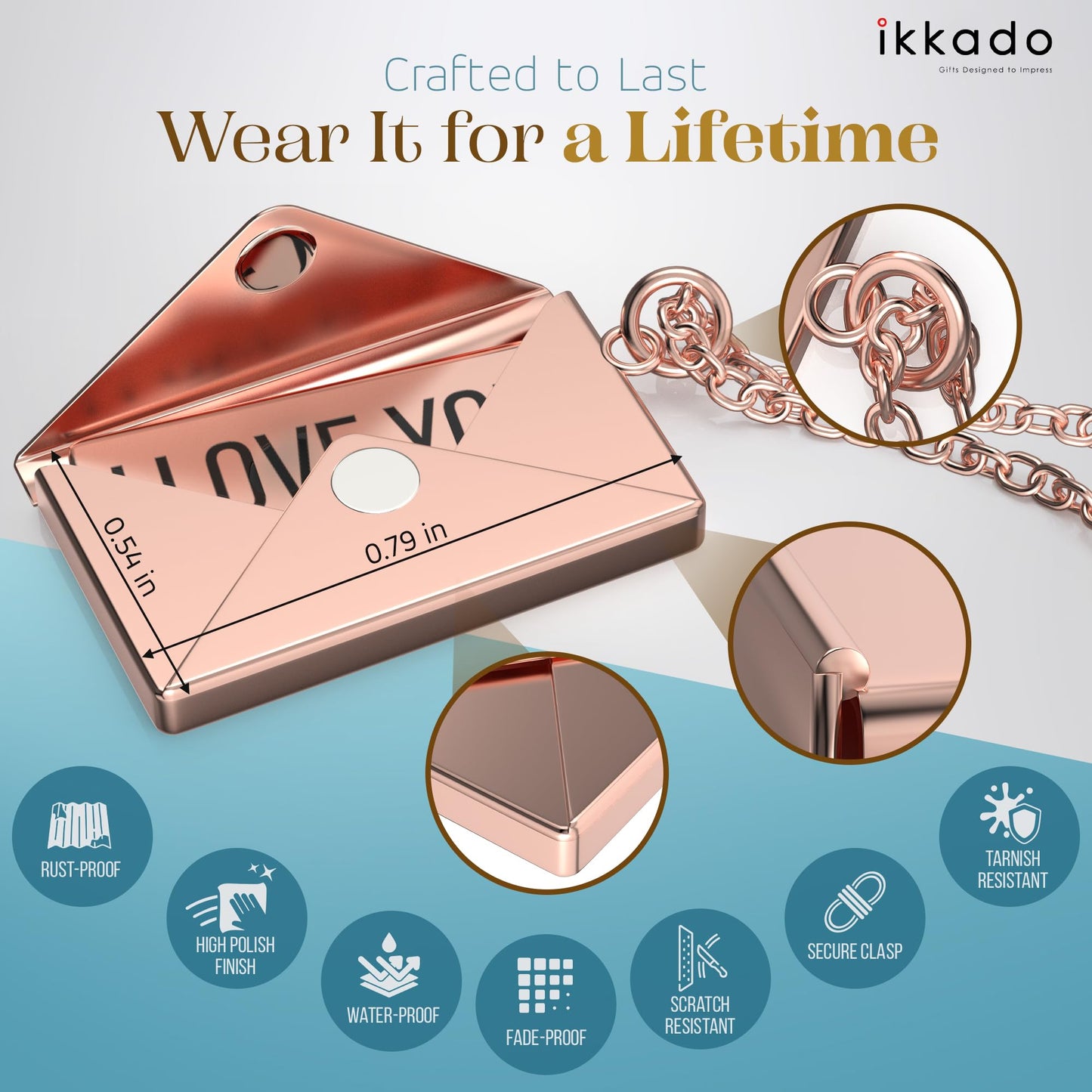 ikkado Custom Envelope Necklace with Love Letter Pendant – Personalised Locket Jewellery for Women – Gift for Birthday, Mother’s Day, Valentine’s, Christmas (Rose Gold) Locally Made (USA)