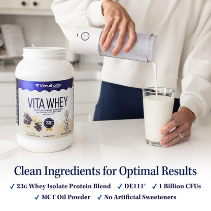 Vitauthority Whey Protein Powder for Women Whey Isolate Probiotics & Enzymes Supports Digestion, Nutrient Absorption & Energy Post-Workout & Daily Nutrition Vanilla Flavored 30 Servings