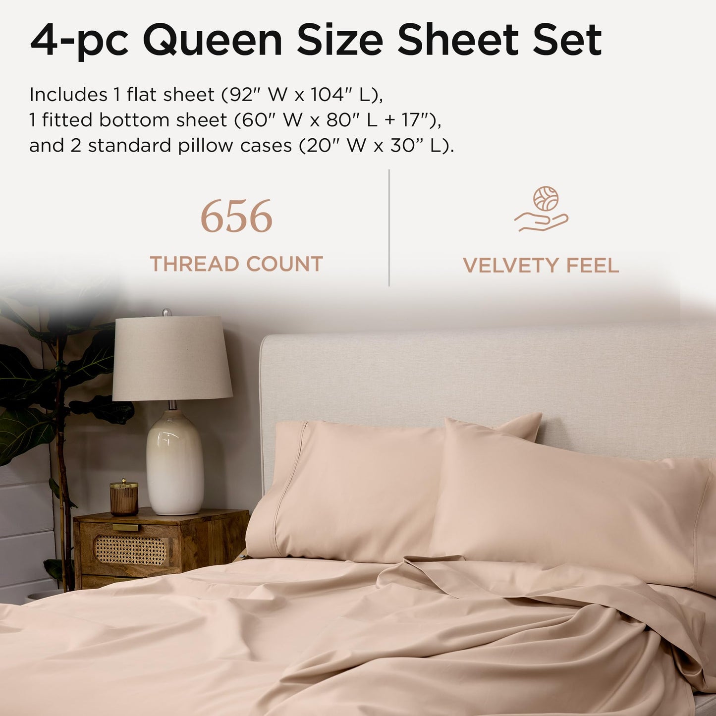 Threadmill Supima Cotton Sheets Queen | 656 Thread Count Queen Sheet for Queen Mattress | 4 Piece Luxury Bed Sheets | Sateen Weave Hotel Quality Sheet with Elasticized Deep Pocket | Beige Sheets