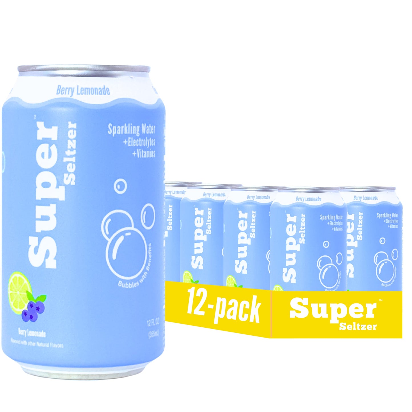 Super Seltzer Sparkling Water with Electrolytes and Vitamins, Berry Lemonade Naturally Flavored, 12 Fl Oz, Pack of 12 cans