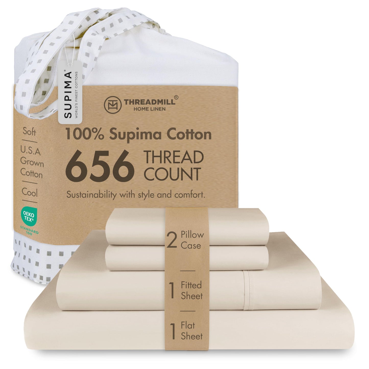 Threadmill Supima Cotton Sheets Queen | 656 Thread Count Queen Sheet for Queen Mattress | 4 Piece Luxury Bed Sheets | Sateen Weave Hotel Quality Sheet with Elasticized Deep Pocket | Beige Sheets