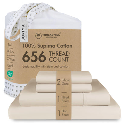 Threadmill Supima Cotton Sheets Queen | 656 Thread Count Queen Sheet for Queen Mattress | 4 Piece Luxury Bed Sheets | Sateen Weave Hotel Quality Sheet with Elasticized Deep Pocket | Beige Sheets