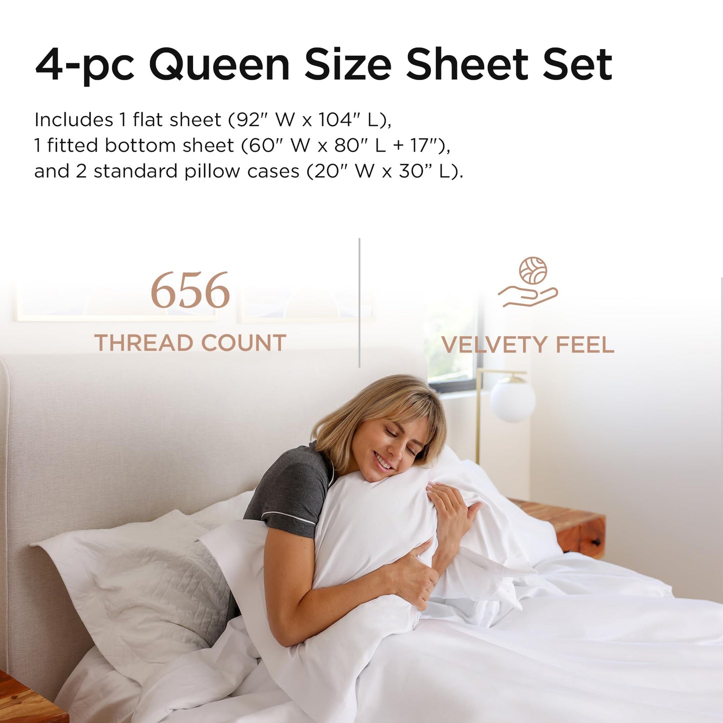 Threadmill Supima Cotton Sheets Queen | 656 Thread Count Queen Sheets for Queen Mattress | 4 Piece Luxury Bed Sheet | Sateen Weave Hotel Quality Sheet with Elasticized Deep Pocket| White Sheet
