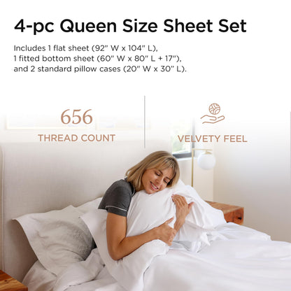 Threadmill Supima Cotton Sheets Queen | 656 Thread Count Queen Sheets for Queen Mattress | 4 Piece Luxury Bed Sheet | Sateen Weave Hotel Quality Sheet with Elasticized Deep Pocket| White Sheet