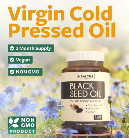 Black Seed Oil - 120 Softgel Capsules Skin Health (Non-GMO & Vegan) Cold-Pressed Nigella Sativa Producing Pure Black Cumin Seed Oil with Vitamin E - 500mg Each, 1000mg Per 2 Capsule Serving