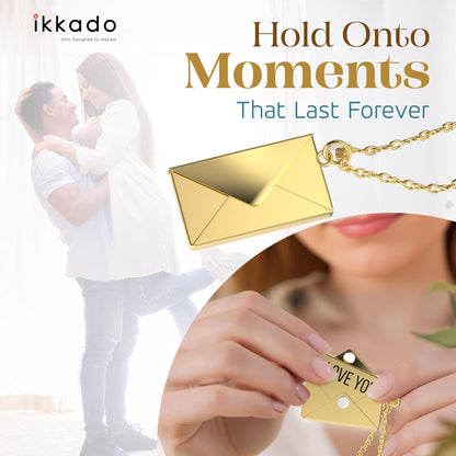 ikkado Custom Envelope Necklace with Love Letter Pendant – Personalised Locket Jewellery for Women – Gift for Birthday, Mother’s Day, Valentine’s, Christmas (Gold) Locally Made (USA)