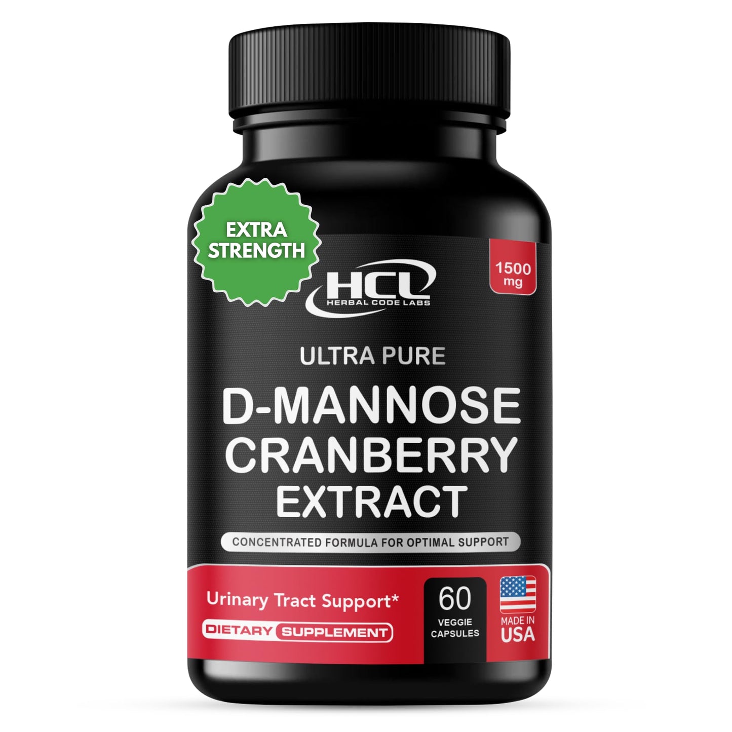 HCL HERBAL CODE LABS D-Mannose with Cranberry Extract Capsules 1500mg – High Potency USP Grade D-Mannose Supplement with Whole Fruit Cranberry Powder – Urinary Tract Support – Non-GMO 60 Capsules