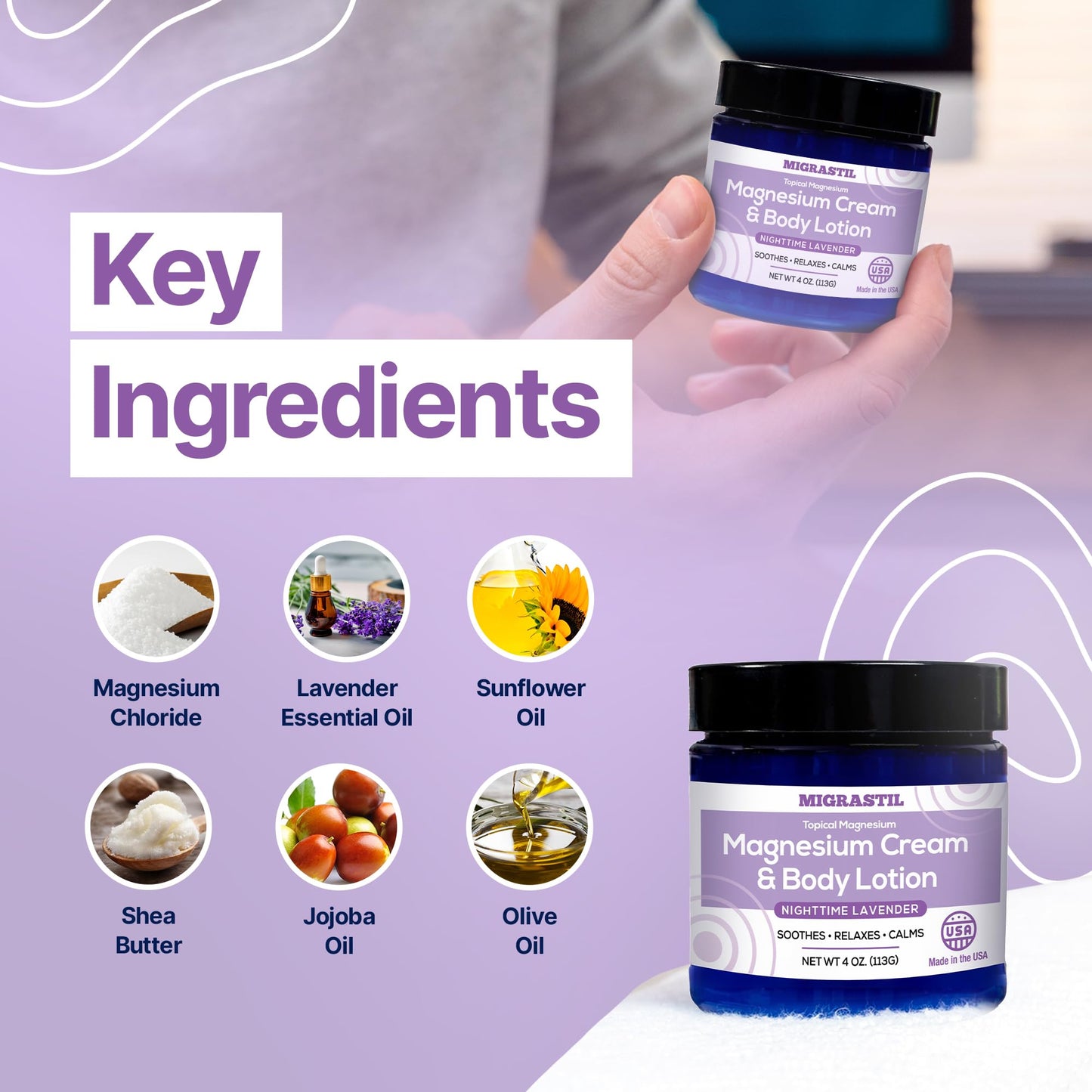 MIGRASTIL Nighttime Lavender Magnesium Cream & Non-Greasy Body Lotion. Extra Strength 250mg Magnesium Chloride for Muscle Relief, Leg Cramps, Relaxation and Sweet Sleep. Vegan, Made in the USA.