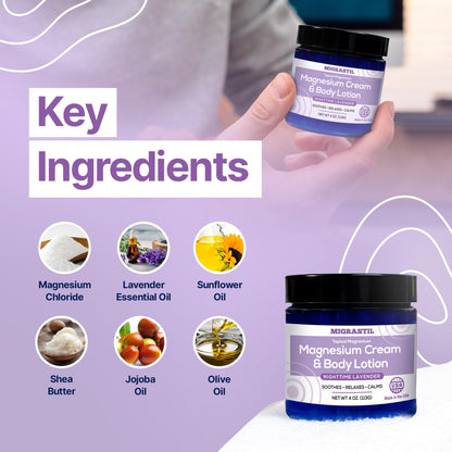 MIGRASTIL Nighttime Lavender Magnesium Cream & Non-Greasy Body Lotion. Extra Strength 250mg Magnesium Chloride for Muscle Relief, Leg Cramps, Relaxation and Sweet Sleep. Vegan, Made in the USA.