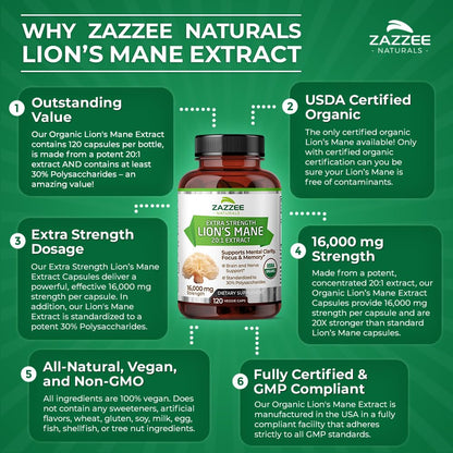 Zazzee USDA Organic Lion's Mane 20:1 Extract, 30% Polysaccharides, 16,000 mg Strength, 120 Vegan Capsules, Nootropic for Brain Health, Focus, Memory, Concentration and Immune Support, Made in The USA