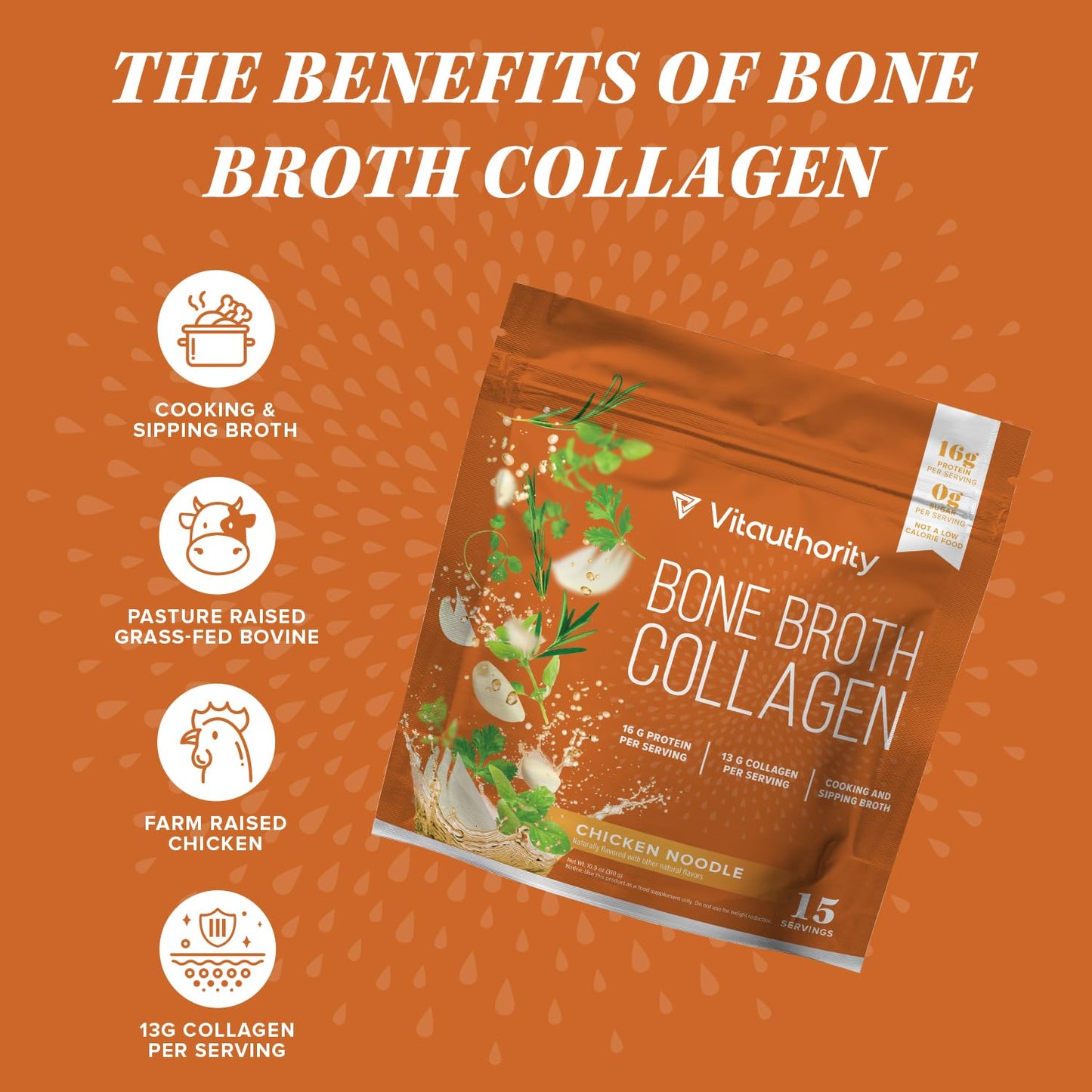 Vitauthority Bone Broth Collagen Delicious Chicken Noodle Flavored - Packed with 16g of Protein & Types I, II, III - Nourishes Skin, Hair, Nails, Joints, & Gut - Beef BoneBroth