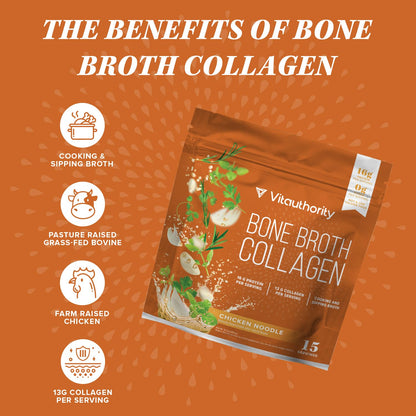 Vitauthority Bone Broth Collagen Delicious Chicken Noodle Flavored - Packed with 16g of Protein & Types I, II, III - Nourishes Skin, Hair, Nails, Joints, & Gut - Beef BoneBroth