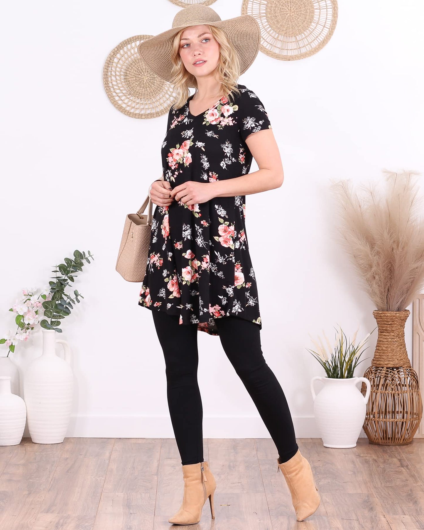 Popana Womens Short Sleeve Summer Tunic Tops to Wear with Leggings Loose Fit Made in USA Floral