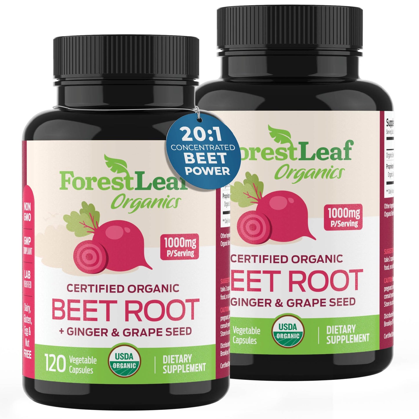 ForestLeaf Beet Root Capsules, 1000mg, 20:1 Extract, with Ginger, Grape Seed, Supports Blood Flow, Energy (120 Count (Pack of 2))