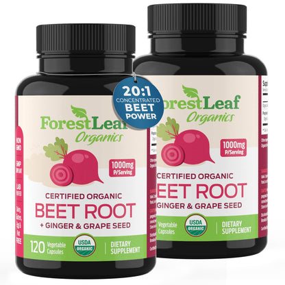 ForestLeaf Beet Root Capsules, 1000mg, 20:1 Extract, with Ginger, Grape Seed, Supports Blood Flow, Energy (120 Count (Pack of 2))