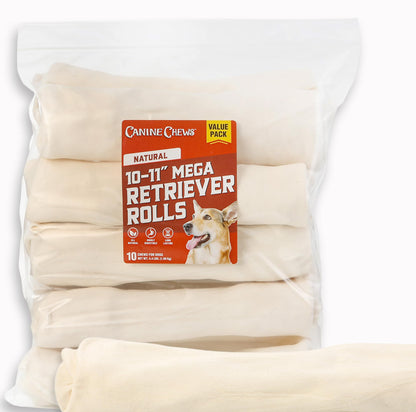 Canine Chews 10-11" MEGA Retriever Rolls (10 Pack) Natural Rawhide for Big Dogs - Long-Lasting Dog Chew Treats for Aggressive Chewers - Odor-Free - Extra-Large