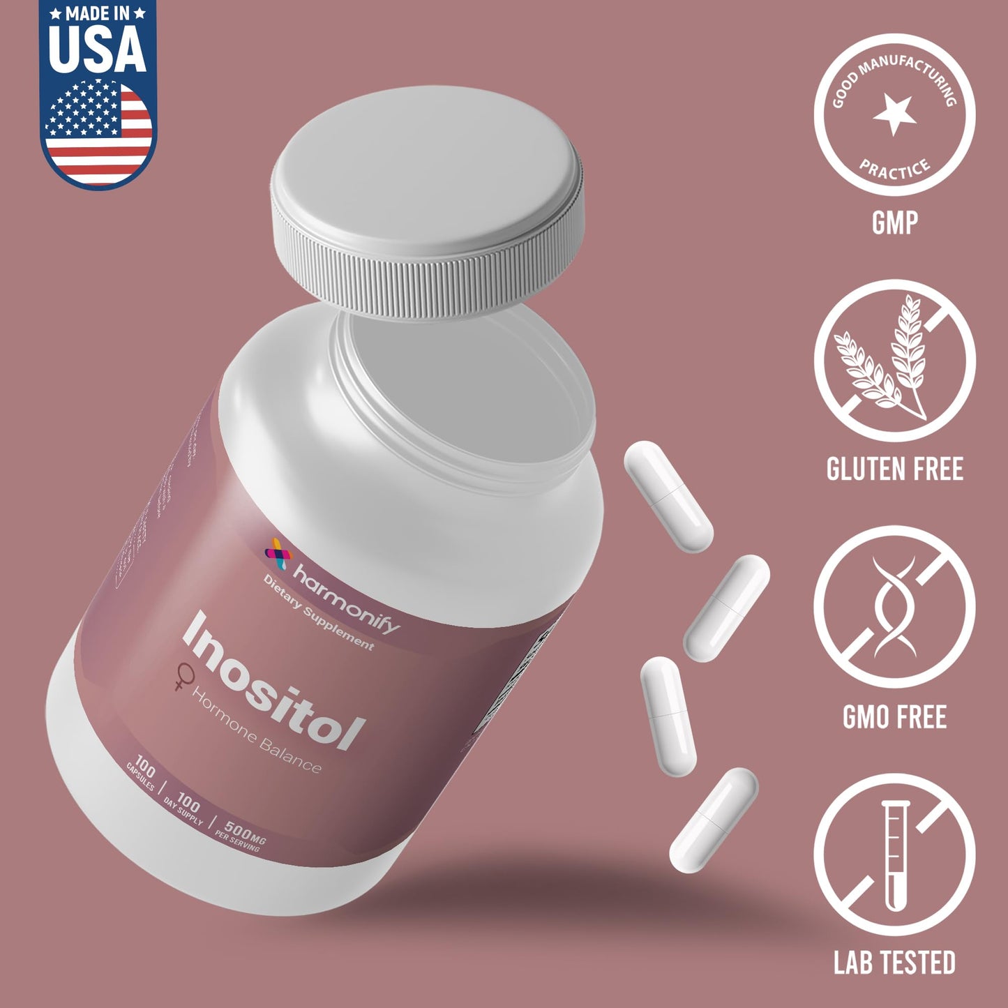 HARMONIFY Inositol Supplement 500mg – Balance Support – 100 Capsules | Myo-Inositol Supplement for Women’s Reproductive Health, Mood&Ovarian Support | Non-GMO, Vegan-Friendly