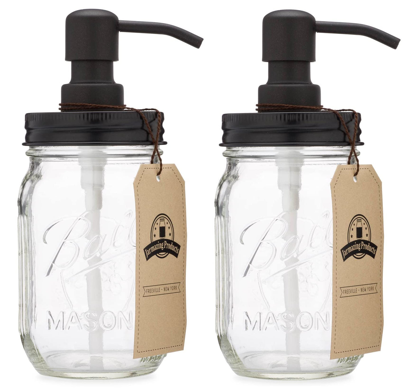 Jarmazing Products Mason Jar Soap Dispenser - Black - with 16 Ounce Ball Mason Jar - Made from Rust Proof Stainless Steel - Two Pack