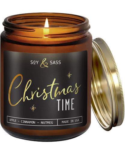 Christmas Candles Scented – ‘Christmas Time’ Soy Christmas Candle, w/Apple, Cinnamon, Clove - Infused with Essential Oils I Holiday Candles I 9oz, 50Hr, Made in USA