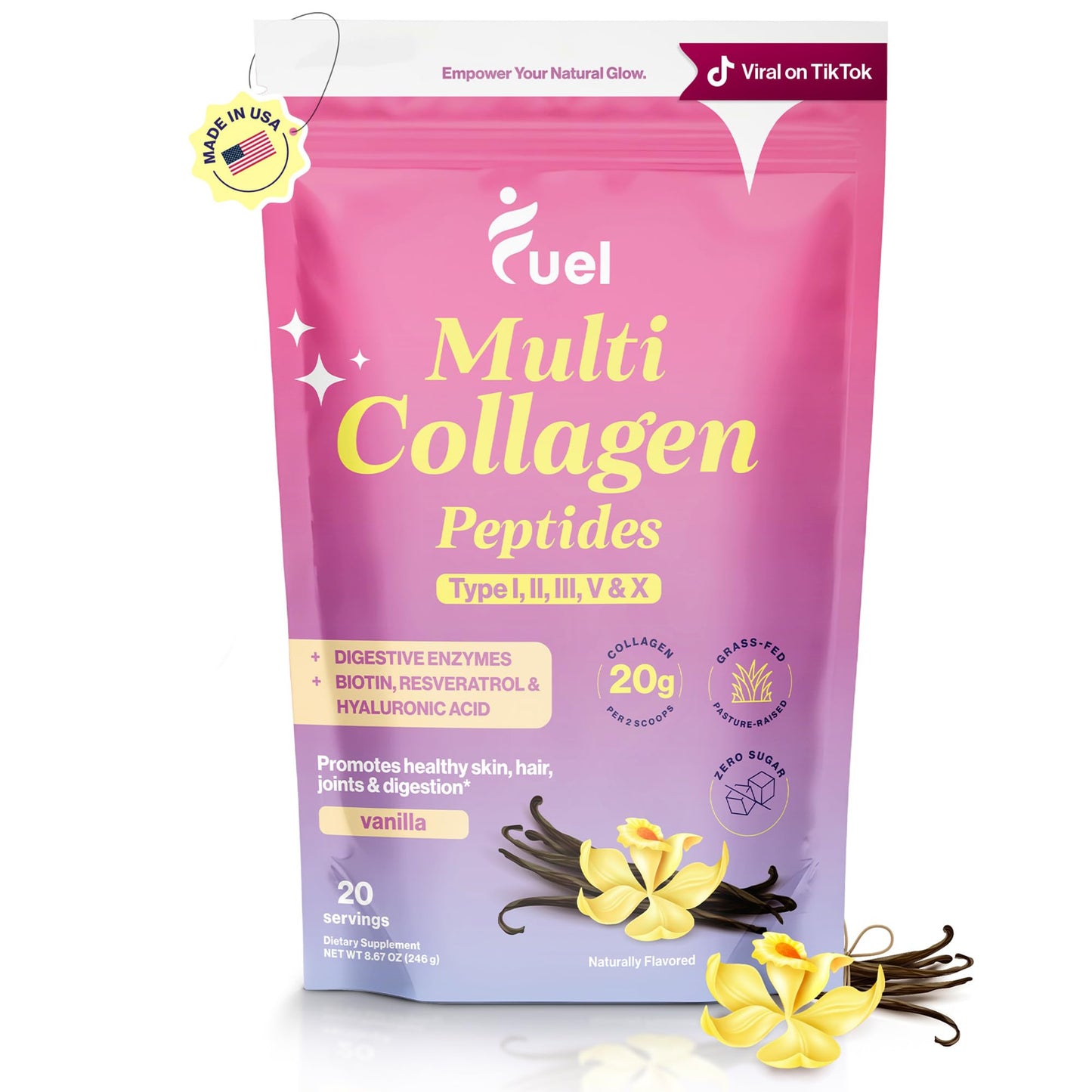 Fuel Multi Collagen Peptides Powder – 20g Hydrolyzed Collagen I, II, III, V & X for Hair, Skin, Nails & Joint Support – Better Absorption – Keto & Gluten Free, French Vanila 8.67oz