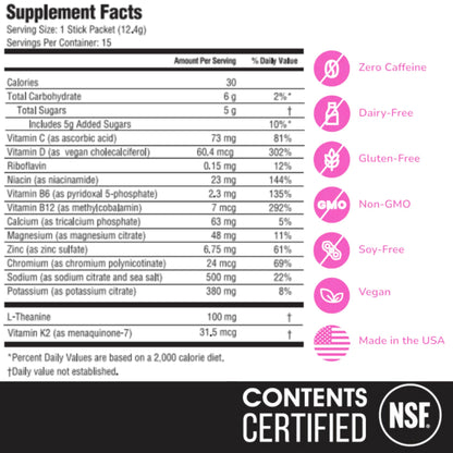 Hyburst Electrolyte & Vitamin Supplement Powder, Drink Mix with B12, L-Theanine, D3, K2, Zinc, Magnesium, Potassium, Supports Calm Focus & Energy, Raspberry Lemonade, 15 Pack