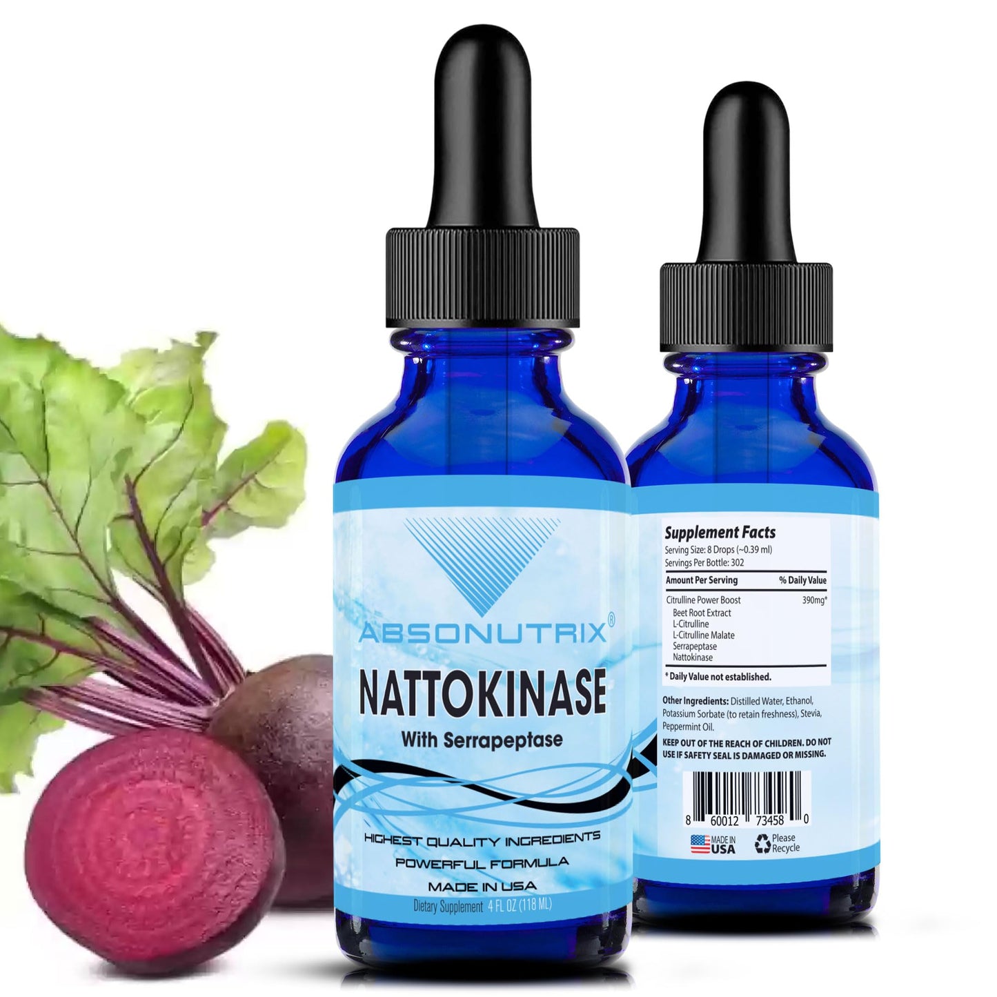 Absonutrix Nattokinase with Serrapeptase Supplement Liquid Drops - A, 390 mg, 4 FL OZ Liquid, 302 Servings, Made in USA, Beet Root Extract, Gluten-Free, Non-GMO, GMP Certified