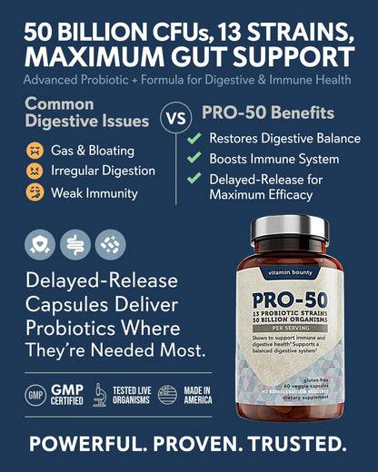 Vitamin Bounty Pro-50 Probiotics 50 Billion CFU for Women & Men - 13 Multi Strain Probiotic + Prebiotic - Digestive Health Supplements for Gut Health Support - Delayed Release Capsules for Men & Women