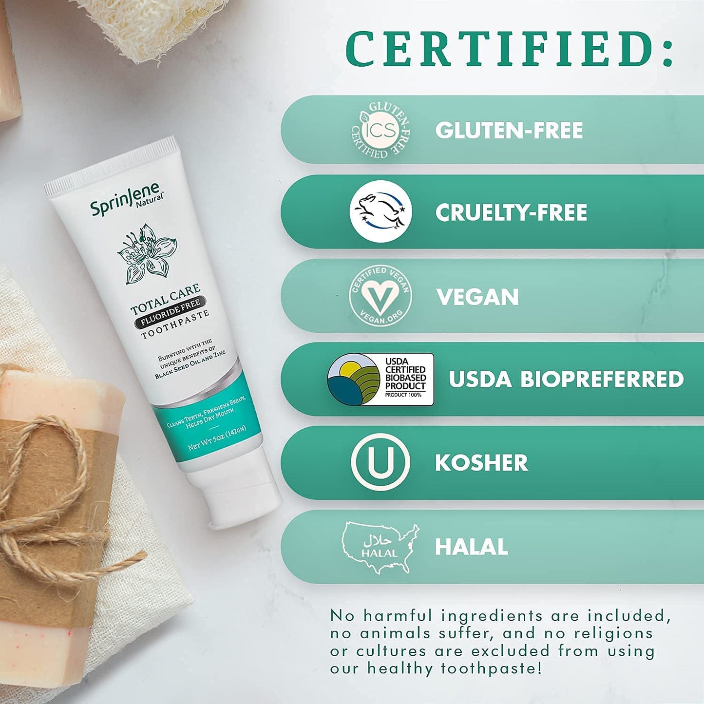 SprinJene Natural Total Care Fluoride Free Toothpaste – Patented Formula with Black Seed Oil & Zinc – Dry Mouth Toothpaste for Fresh Breath & Strong Teeth – Made in The USA (1 Pack)