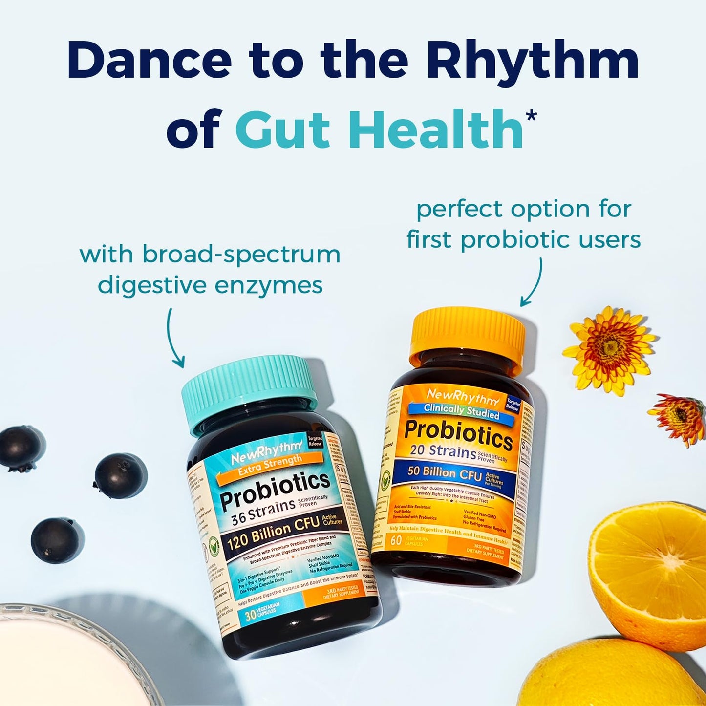 NewRhythm Probiotics 120 Billion CFU 36 Strains, 3-in-1 Probiotics for Digestive Health & Immune Support with Prebiotics & Enzymes, Probioticos for Women & Men, Vegan Targeted Release Supplement, 30ct