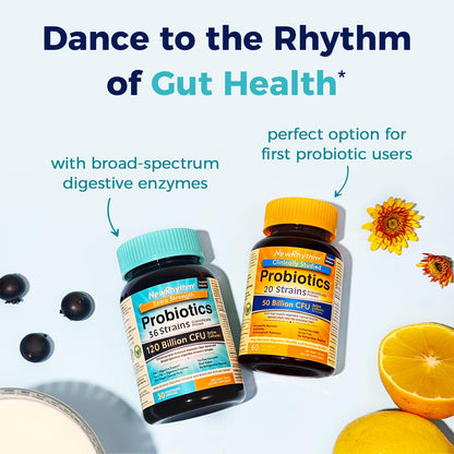 NewRhythm Probiotics 120 Billion CFU 36 Strains, 3-in-1 Probiotics for Digestive Health & Immune Support with Prebiotics & Enzymes, Probioticos for Women & Men, Vegan Targeted Release Supplement, 30ct