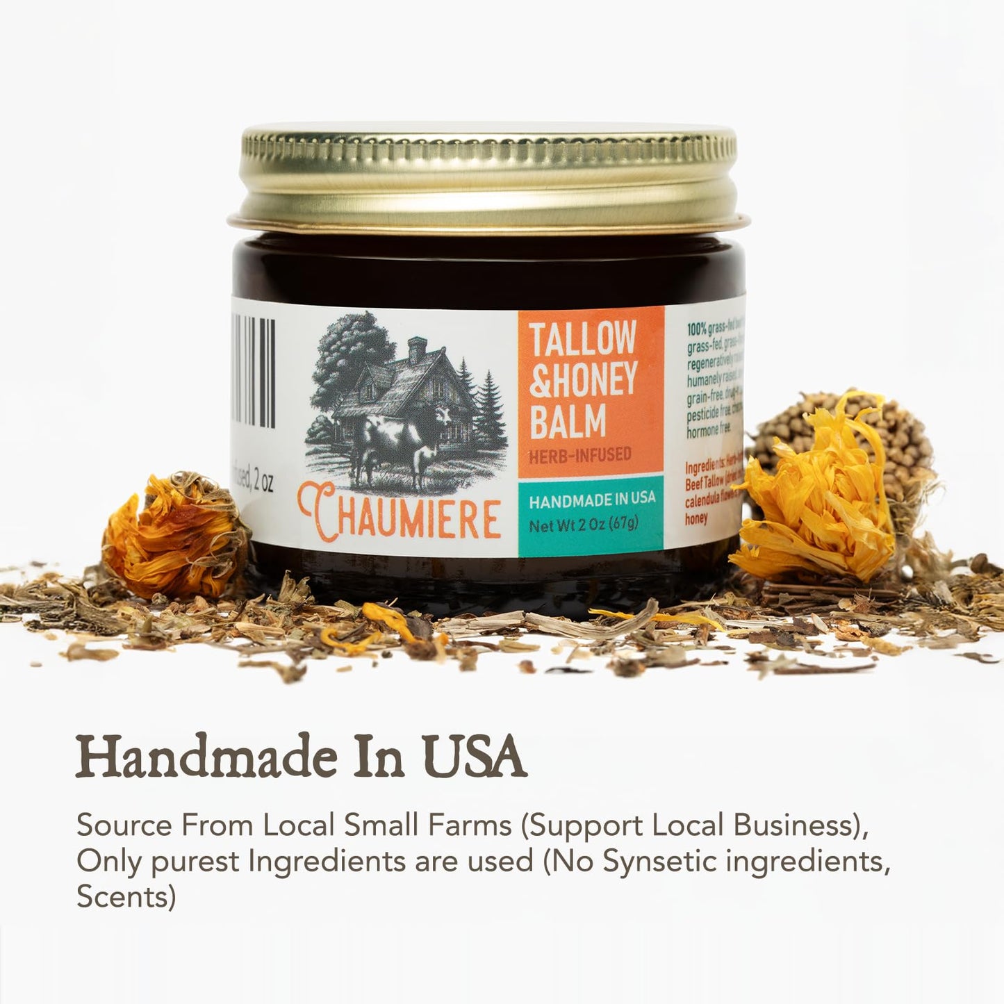 Chaumiere Herb Infused Organic Grass Fed Beef Tallow Honey Balm -Tallow Face Moisturizer - Whipped Tallow and Honey Balm - Raw Honey, Facial Lotion for Sensitive Skin - 2.5 oz
