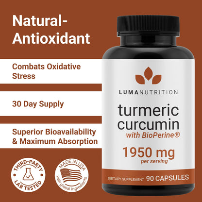 Luma Nutrition Turmeric Curcumin with Black Pepper - 95% Curcuminoids - 1950mg Per Serving - Premium Turmeric Supplement - with BioPerine for Max Absorption - Made in USA - 90 Capsules