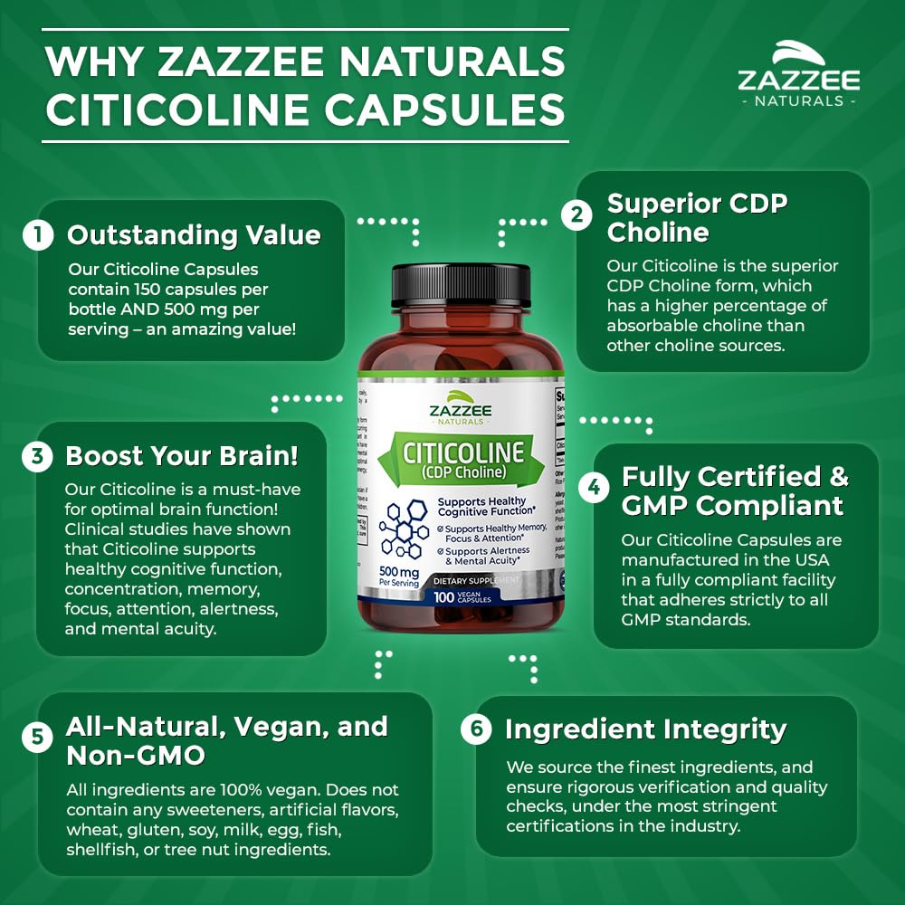 Zazzee Extra Strength Citicoline, 500 mg per Serving, 100 Vegan Capsules, Superior CDP Choline Form, 100% Vegetarian and Pharmaceutical Grade, 50-Day Supply, All-Natural and Non-GMO
